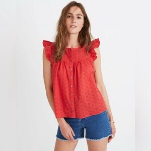 Madewell Red Eyelet Button Up Ruffle Cotton Tank Top Medium